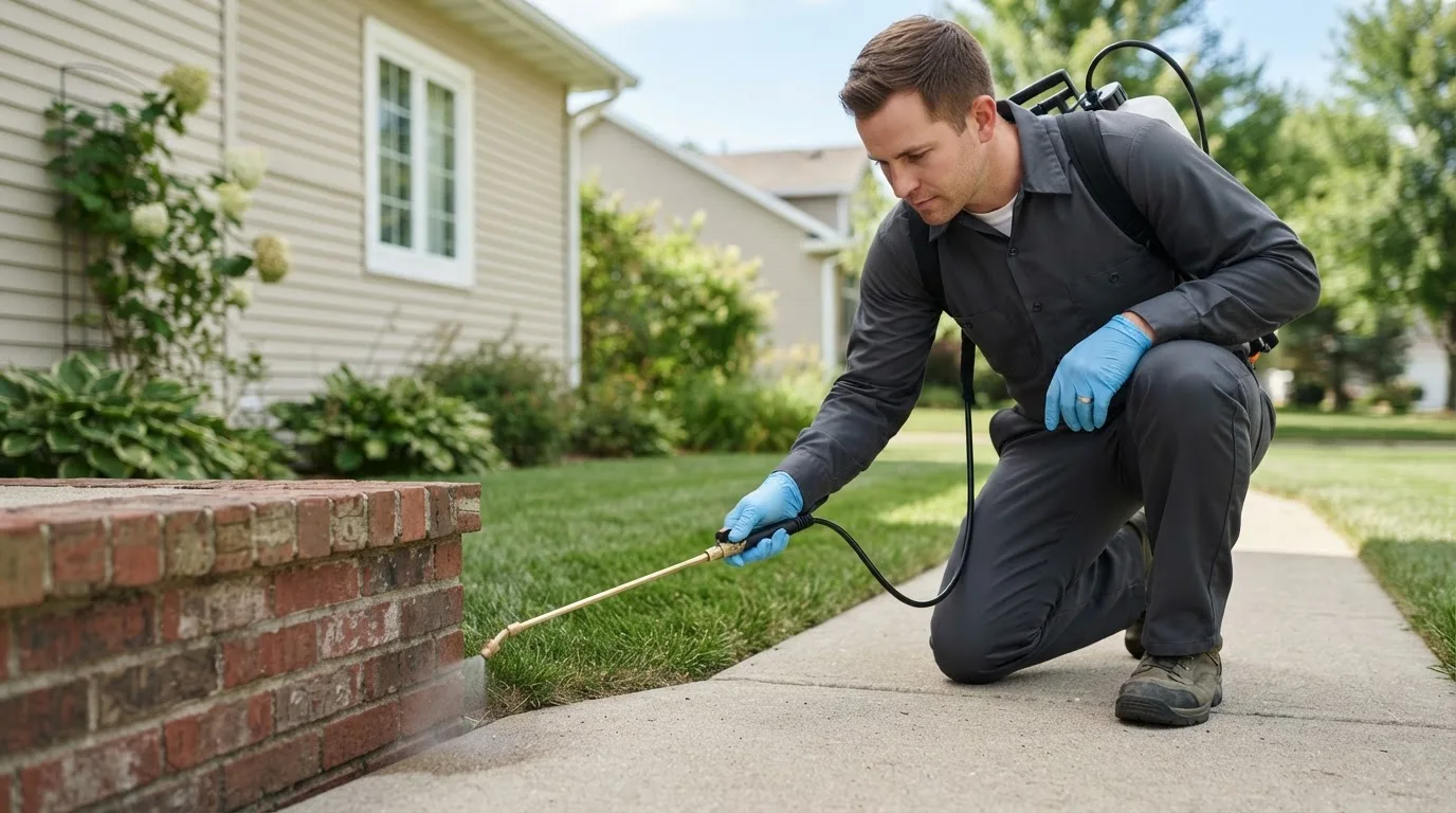 Pest control technician treating a home near Salesville, OH