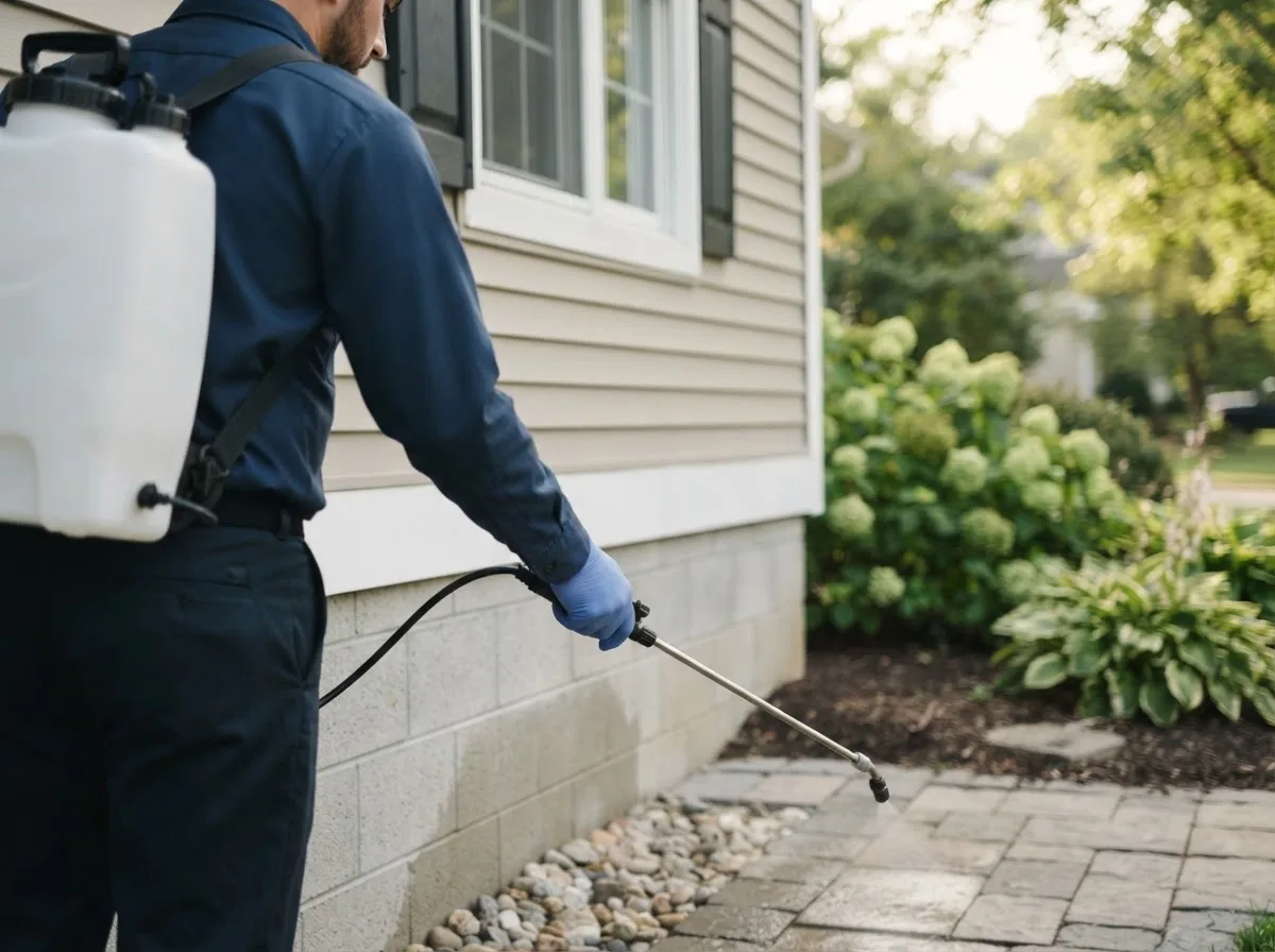 Pest control technician inspecting a home in Salesville, OH